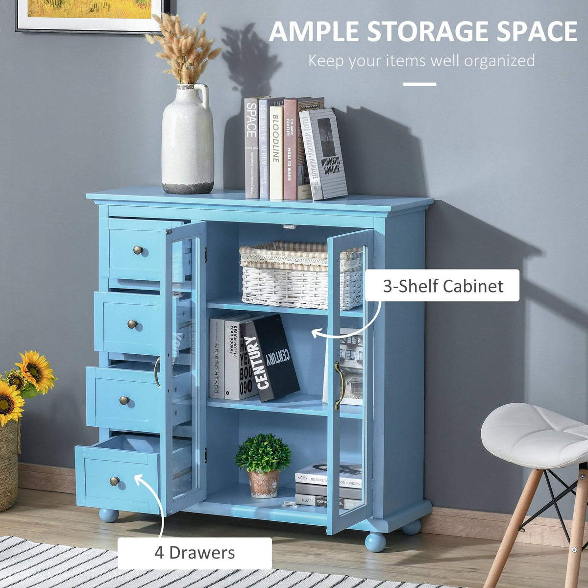 Storage Cabinet with 4 Drawers and Glass Door E14161
