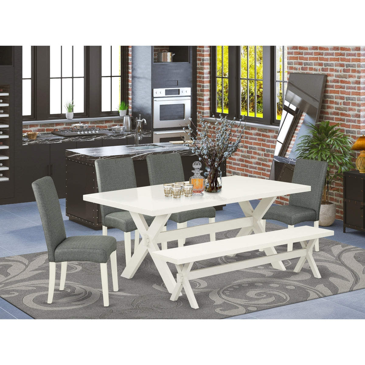 6-Piece Wooden Dining Table Set with Gray Smoke Linen Fabric Seat Chairs and Bench V3377