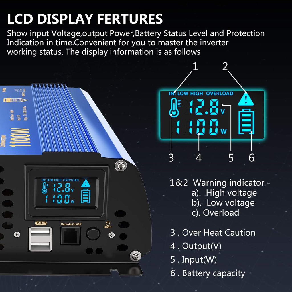 1100 Watt 12V to 120V Modified Sine Wave Power Inverter with LCD Display Remote Control 2 AC Outlets Dual 2.4A USB Ports M86368
