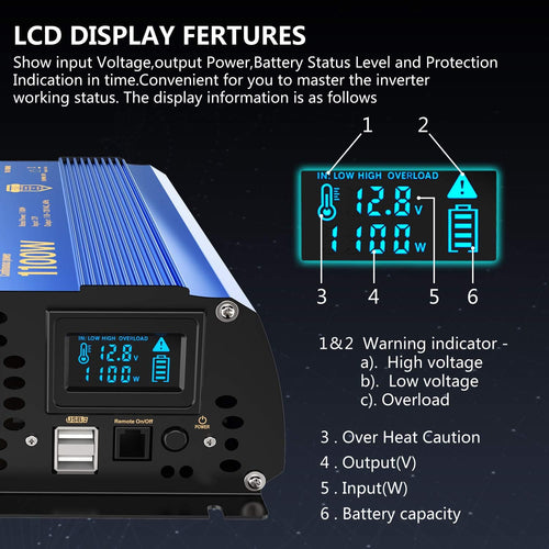 1100 Watt 12V to 120V Modified Sine Wave Power Inverter with LCD Display Remote Control 2 AC Outlets Dual 2.4A USB Ports M86368