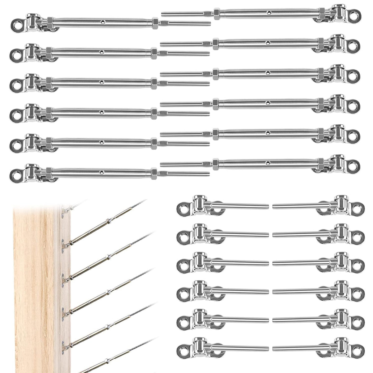 12 Set Cable Railing Kit 1/8 T316 Stainless Steel Turnbuckle Hardware A7457
