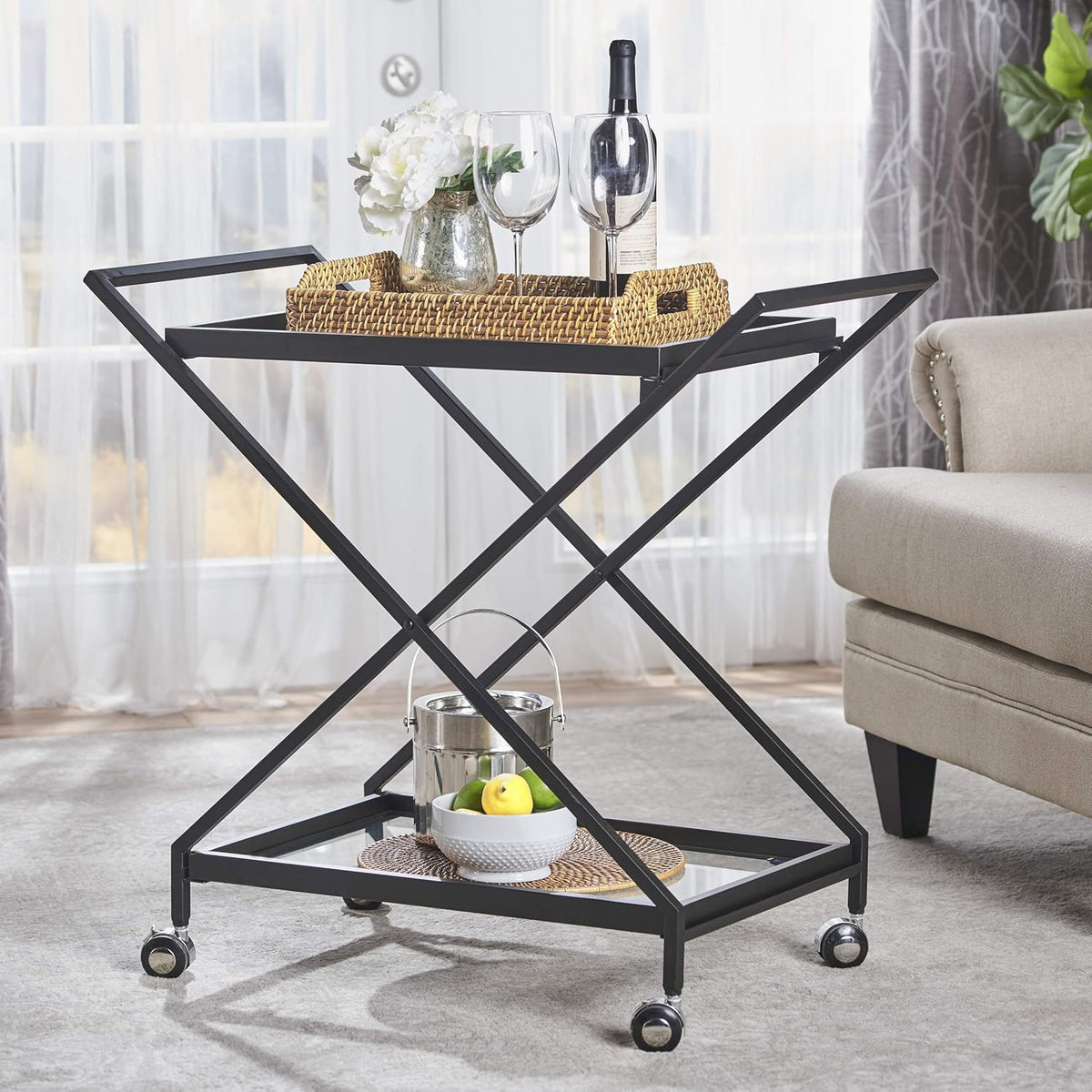 Black Industrial Iron Bar Cart with Tempered Glass Shelves W8750
