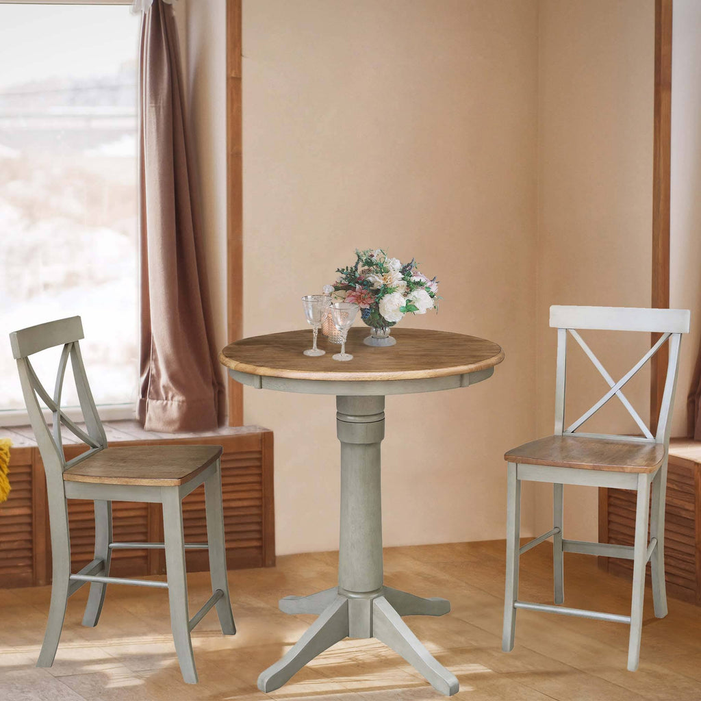 30 in. Round Pedestal Gathering Table with 2 Counter Height Stools Hickory F5859