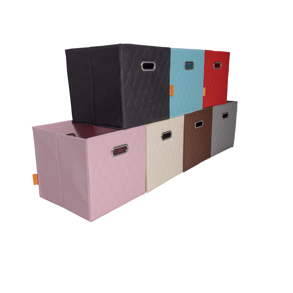 Small 11-inch Black Foldable Faux Leather Storage Cube Bins Set of Four with Handles Q96313
