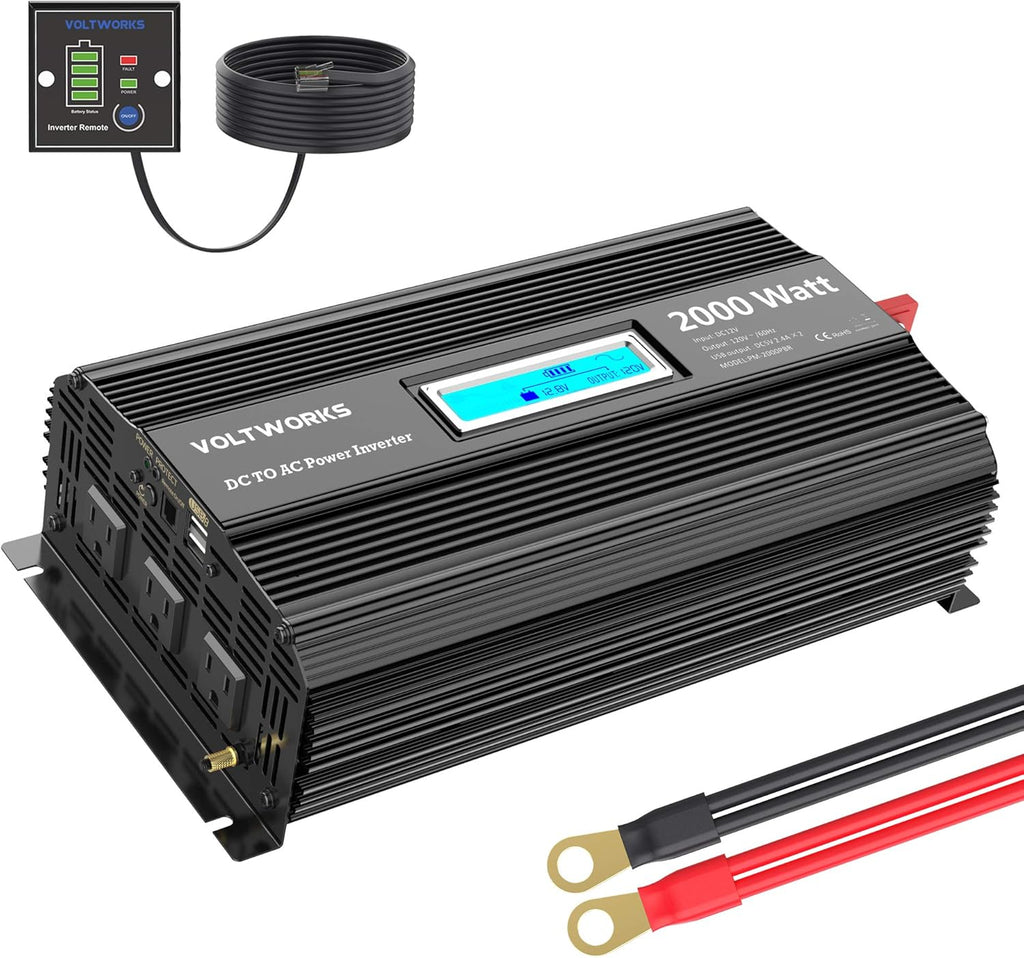 1100 Watt 12V to 120V Modified Sine Wave Power Inverter with LCD Display Remote Control 2 AC Outlets Dual 2.4A USB Ports M86368