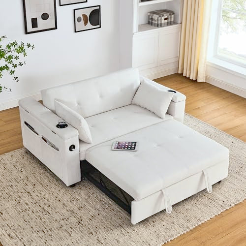 White Chenille 2-Seater Convertible Sofa Bed with USB Power Outlet Z80109