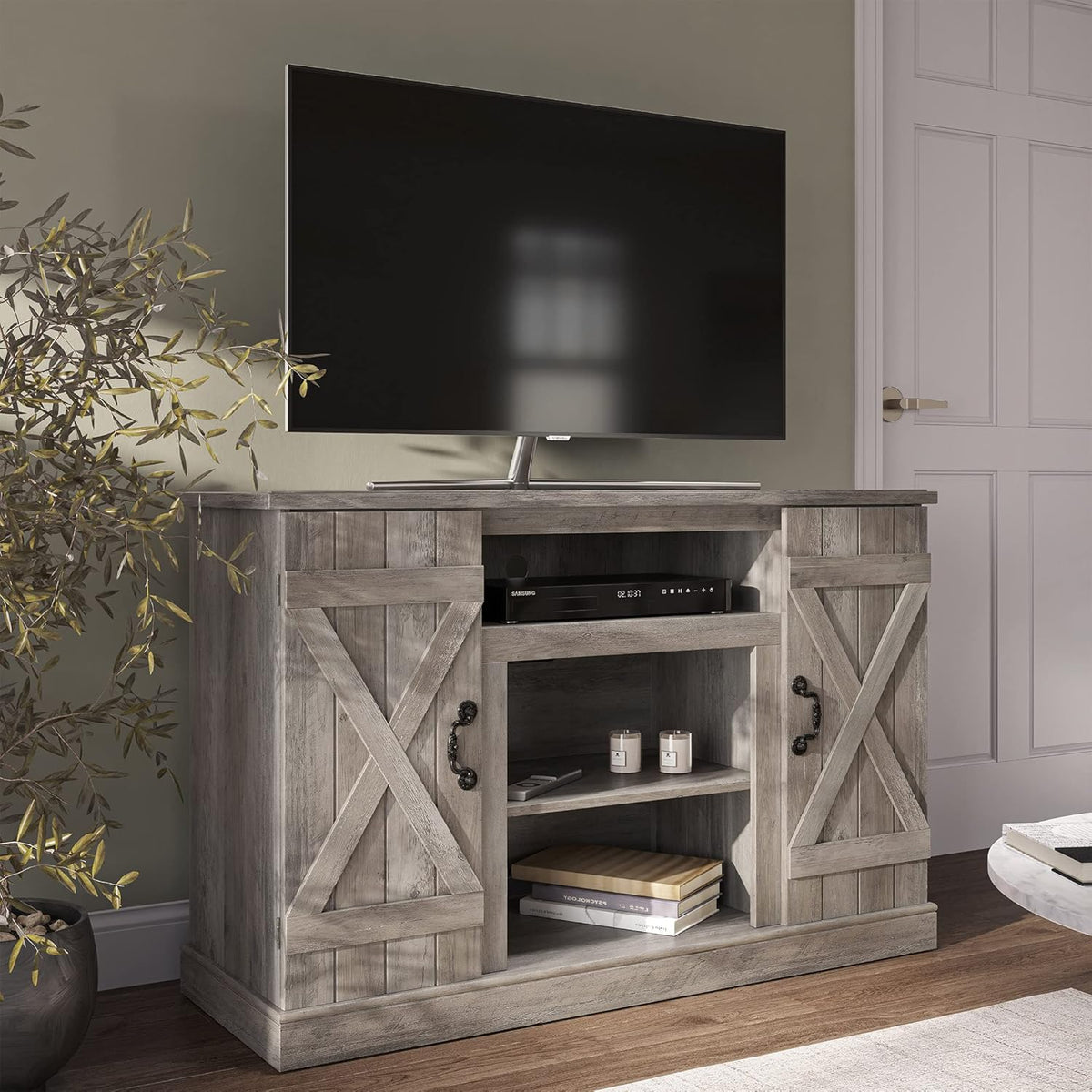 Industrial Electric Fireplace TV Stand with Open Storage Shelves A1213