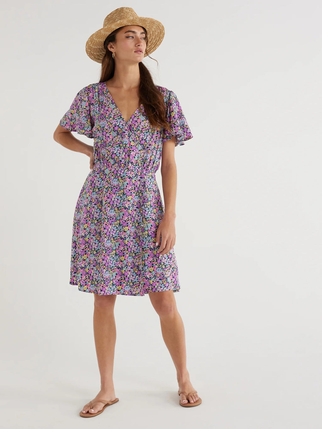 Flutter Sleeve Faux Wrap Dress P9089