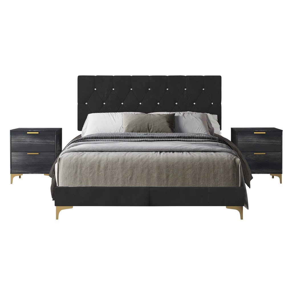 Black Velvet Upholstered Queen Bed with 2 Nightstands G759