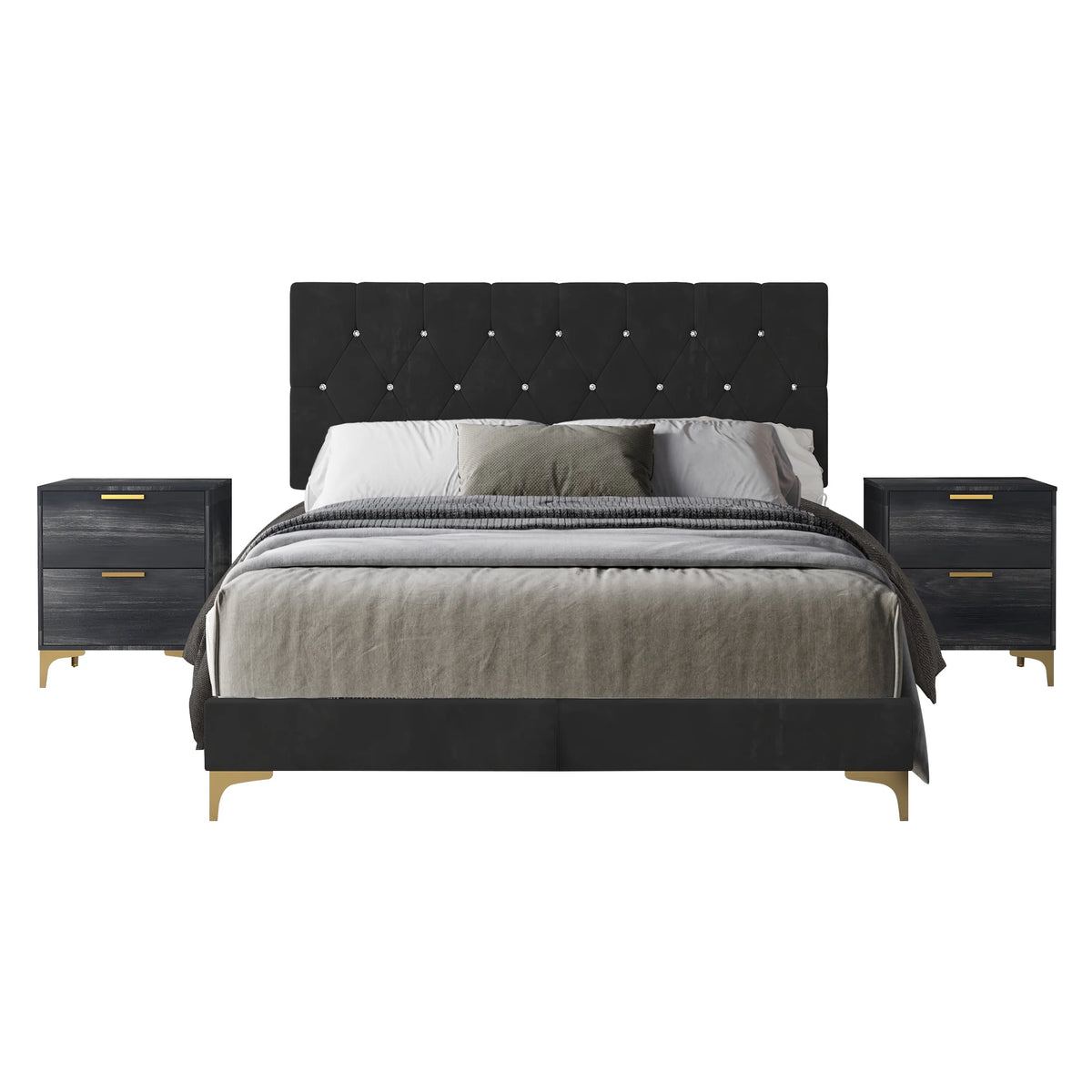 Black Velvet Upholstered Queen Bed with 2 Nightstands G759