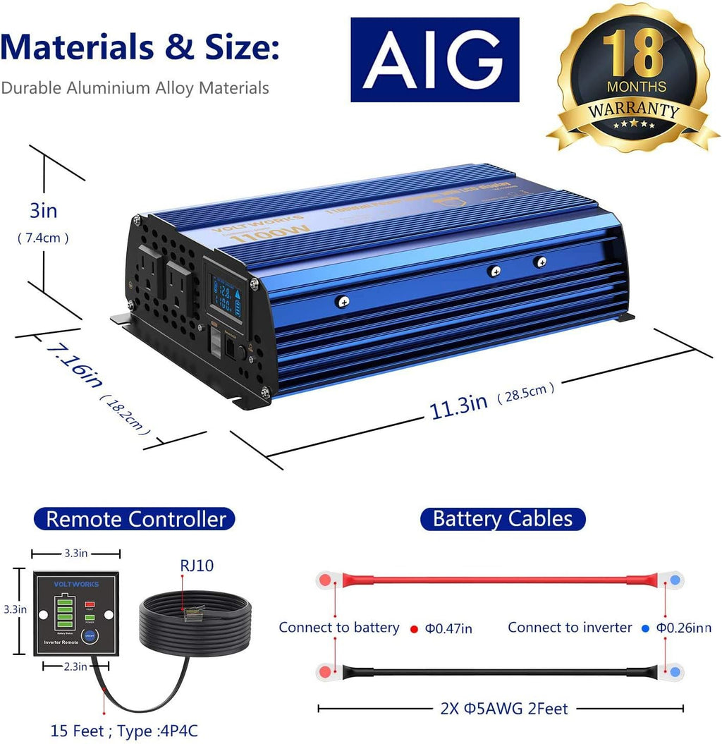 1100 Watt 12V to 120V Modified Sine Wave Power Inverter with LCD Display Remote Control 2 AC Outlets Dual 2.4A USB Ports M86368