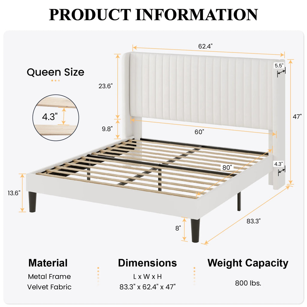 Queen Size Velvet Upholstered Platform Bed Frame G7070