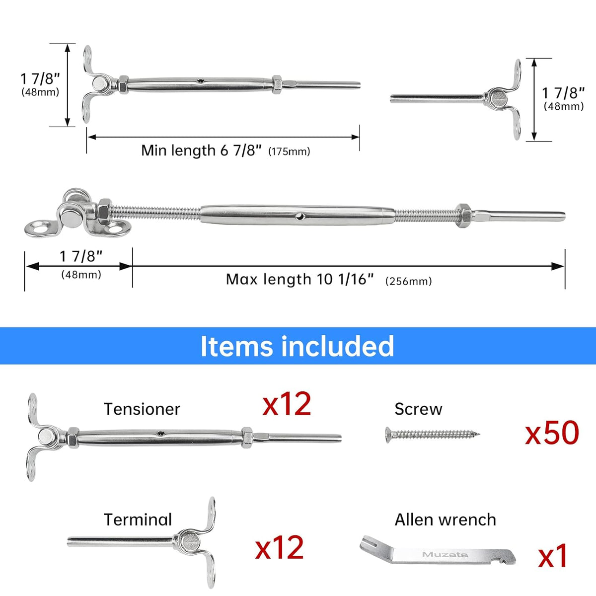 12 Set Cable Railing Kit 1/8 T316 Stainless Steel Turnbuckle Hardware A7457