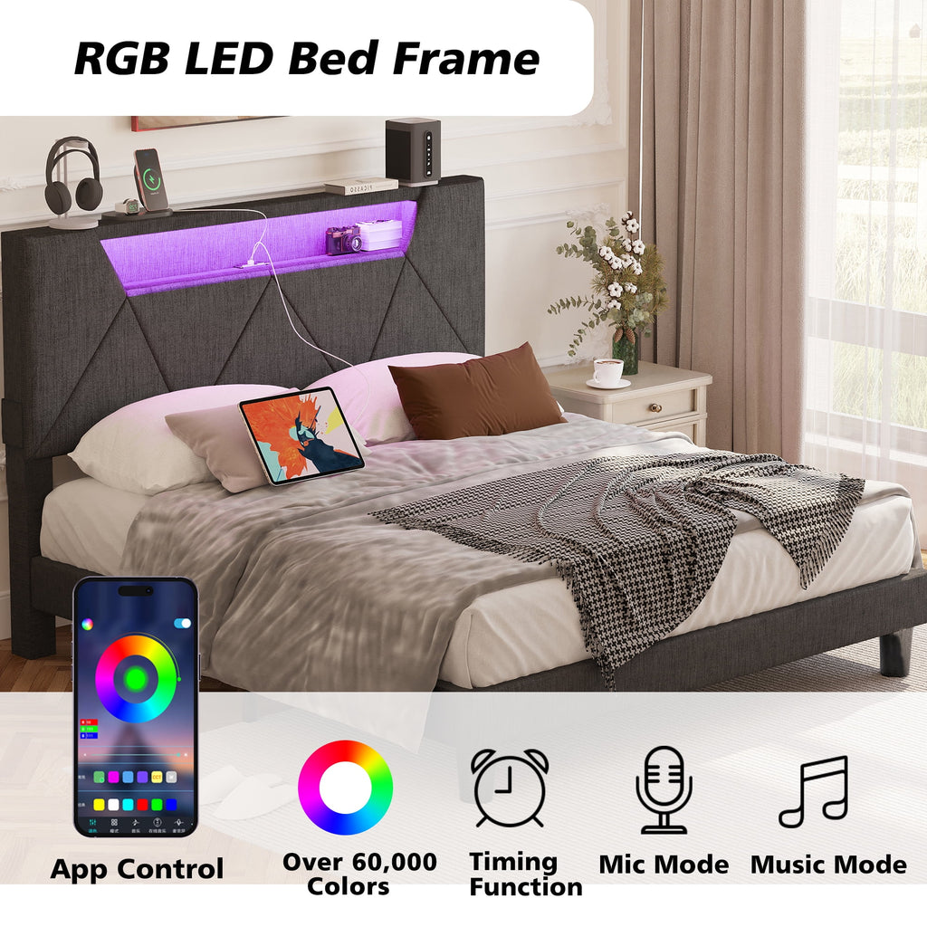 Grey Upholstered Platform Bed Frame with Storage Headboard W855992