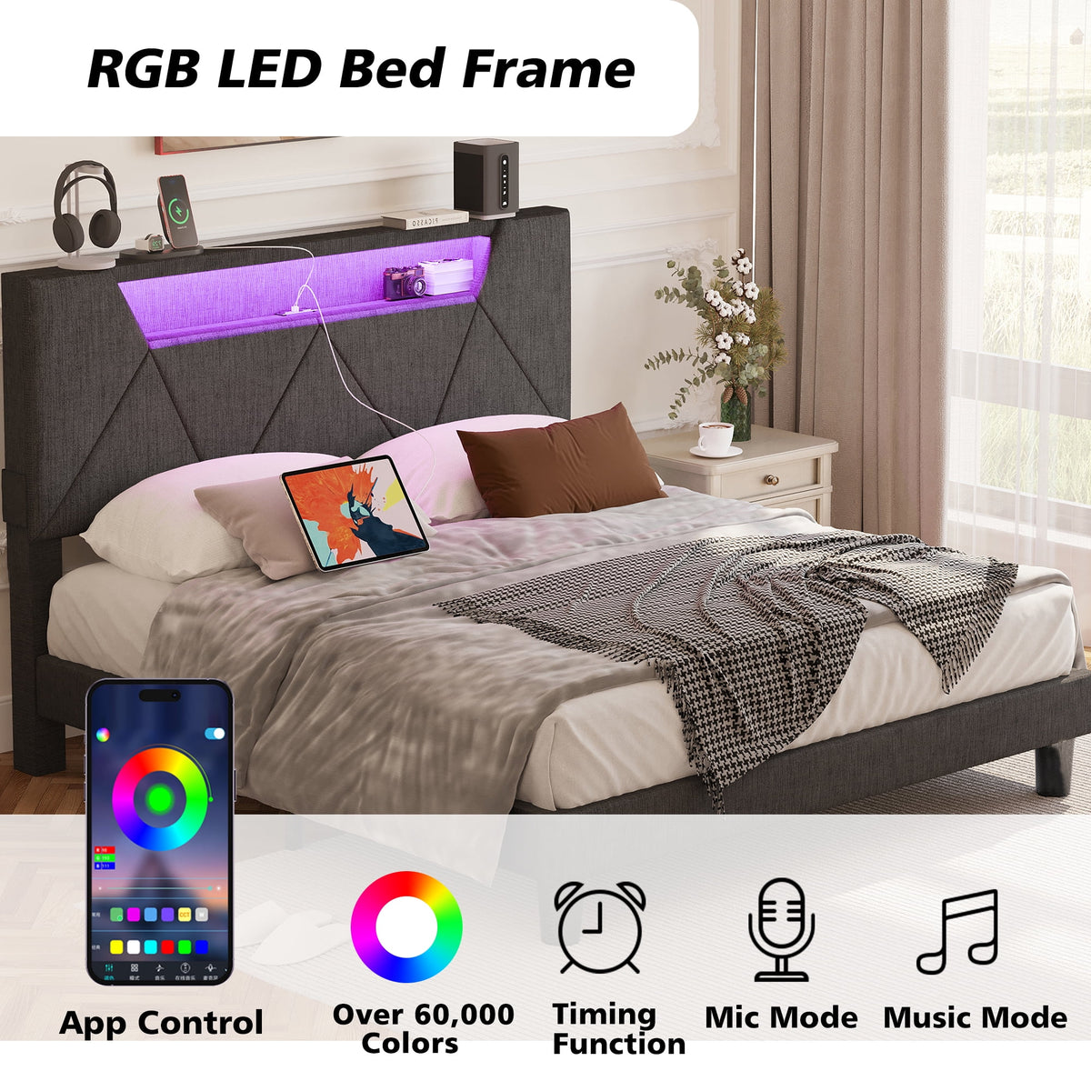 Grey Upholstered Platform Bed Frame with Storage Headboard W855992