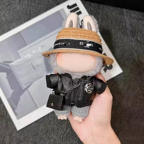 17cm Doll 4-Piece Straw Hat PU Leather Jacket Houndstooth Shorts Outfit H85622