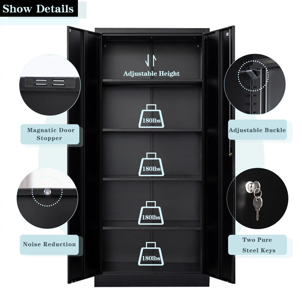 71" Black Metal Storage Cabinet with Lock and 4 Adjustable Shelves X82788