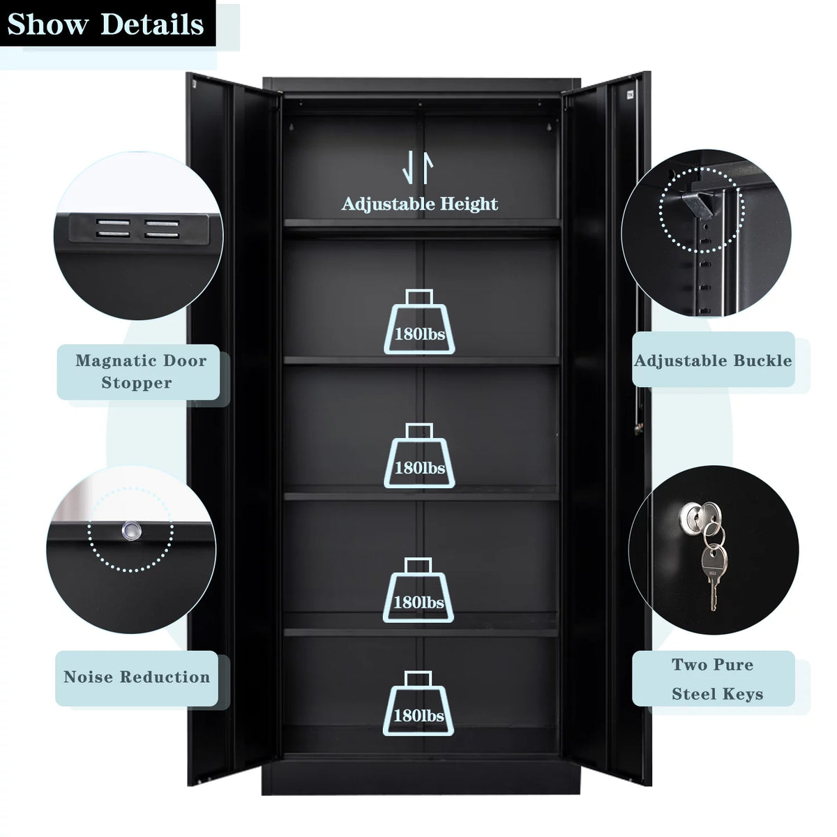 71" Black Metal Storage Cabinet with Lock and 4 Adjustable Shelves X82788