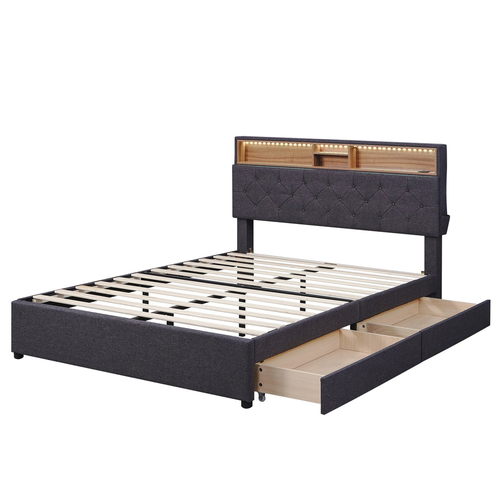 Upholstered Full Platform Bed with Shelf and 2 Drawers X269048