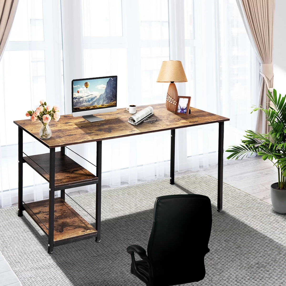 Computer Desk with 2 Tiers Shelves Metal Legs K92001