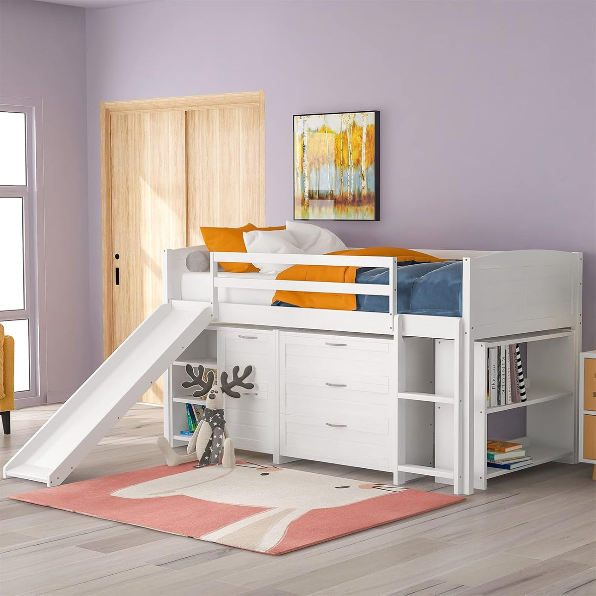 Twin Wooden Loft Bed with Slide, Cabinet Drawers and Book Shelves W223
