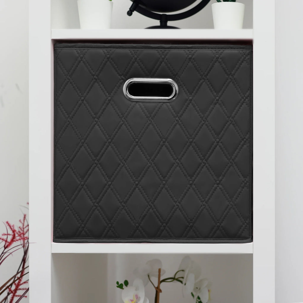Small 11-inch Black Foldable Faux Leather Storage Cube Bins Set of Four with Handles Q96313
