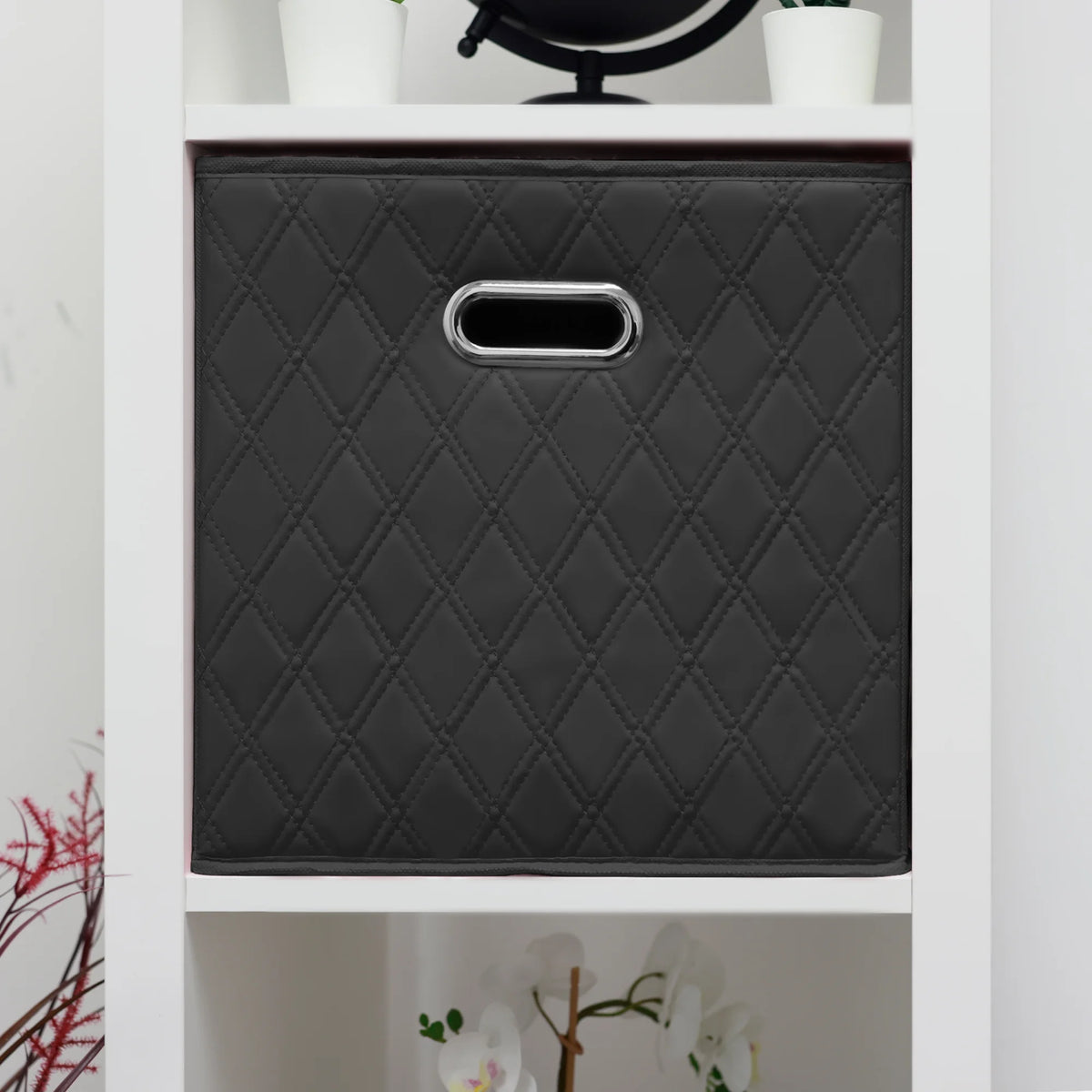 Small 11-inch Black Foldable Faux Leather Storage Cube Bins Set of Four with Handles Q96313