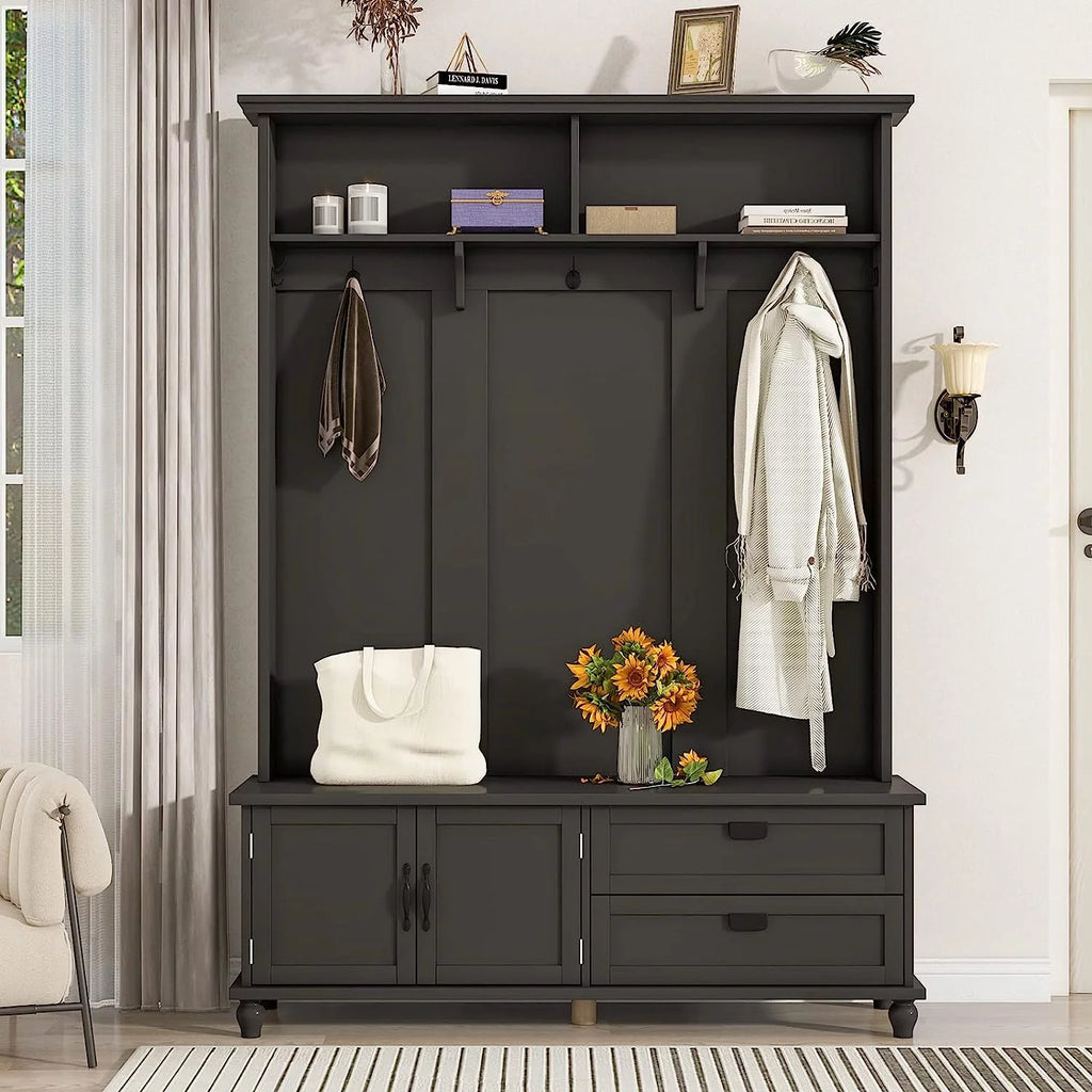 Black Hall Tree with Storage Cabinet and 2 Drawers F177833
