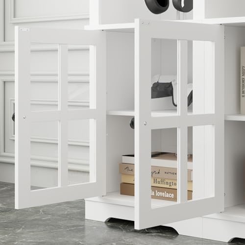 Grey 102" W Large Farmhouse TV Stand with Glass Doors E291