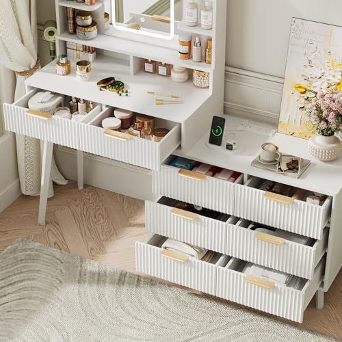 White L Shape Vanity Desk with Mirror and Lights, 8 Drawers & Shelves R471491