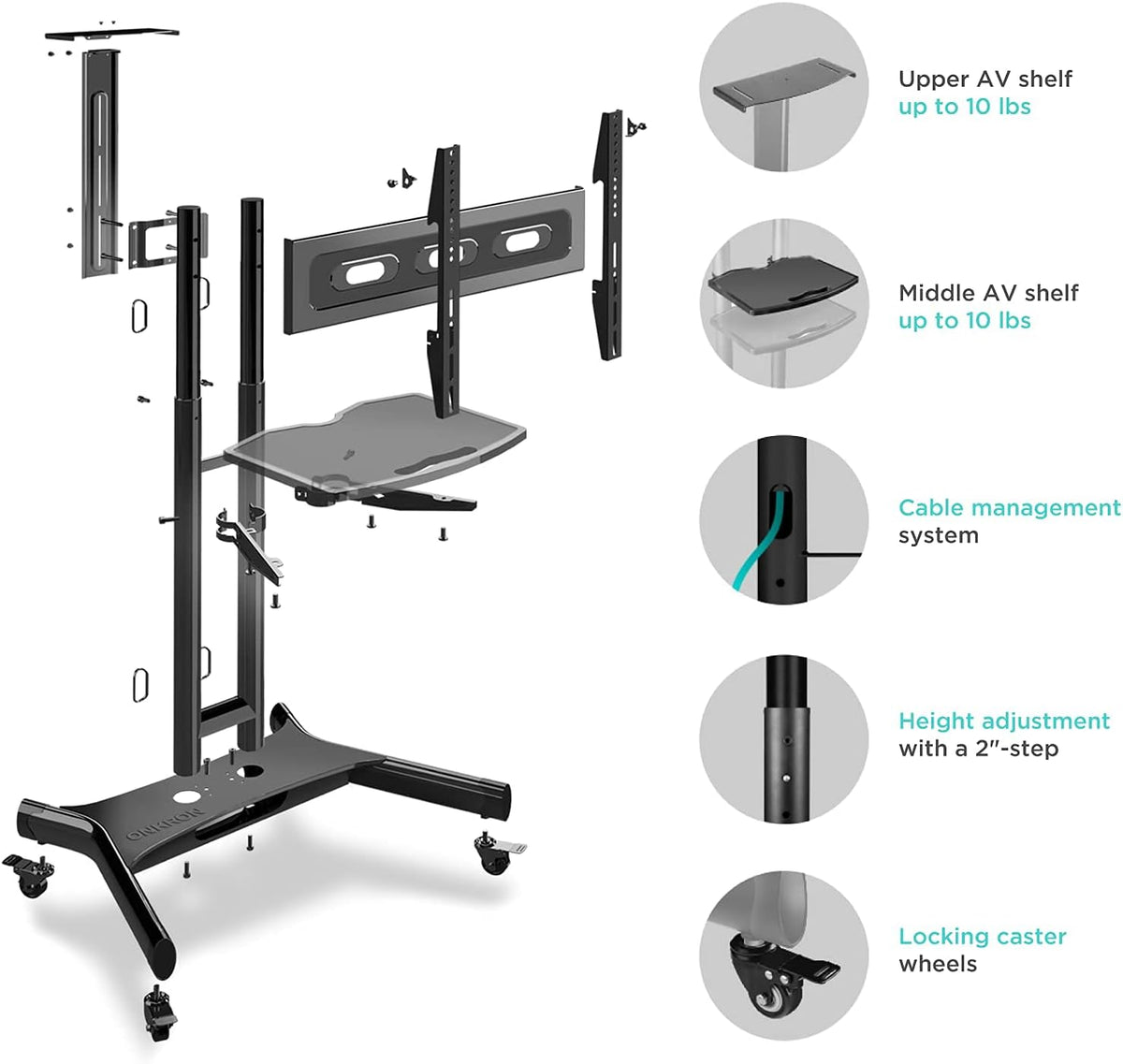 Black Mobile TV Stand with Wheels Shelves Height Adjustable T29132