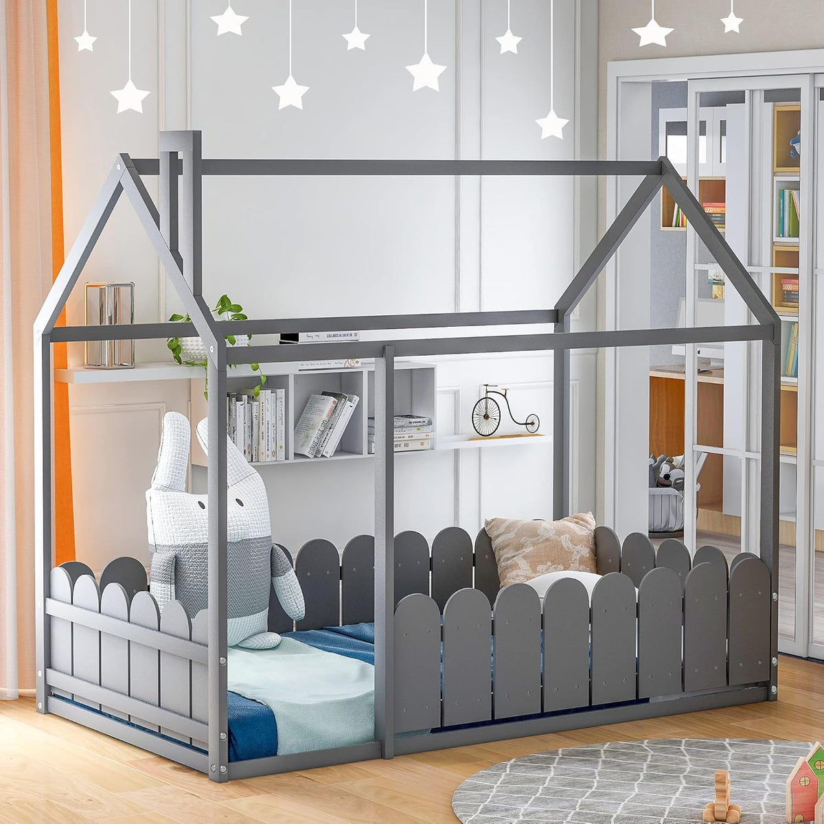 White Full Size Pine Wood Cabin Bed with Guardrails H7551