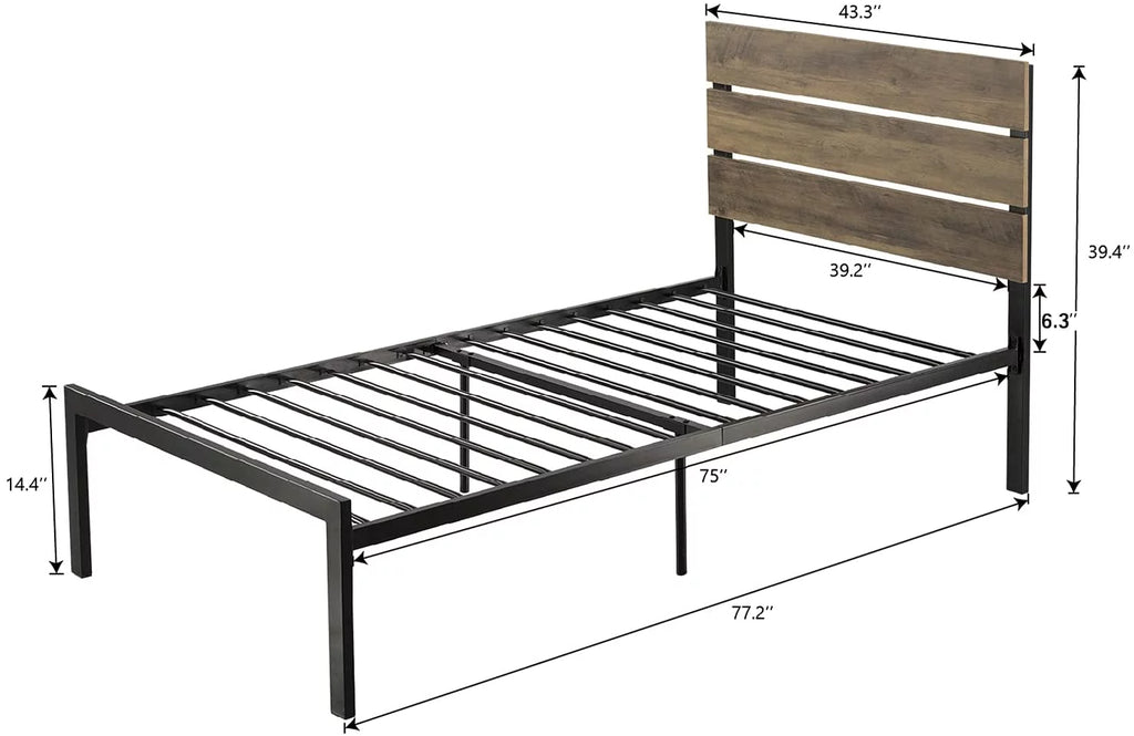 Twin Rustic Style Metal Platform Bed with Headboard and Metal Slats, Brown I118740