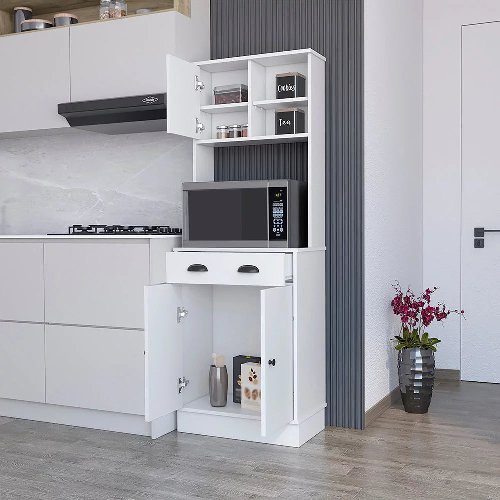 White Microwave Storage Stand with 3 Doors and Drawer D179488