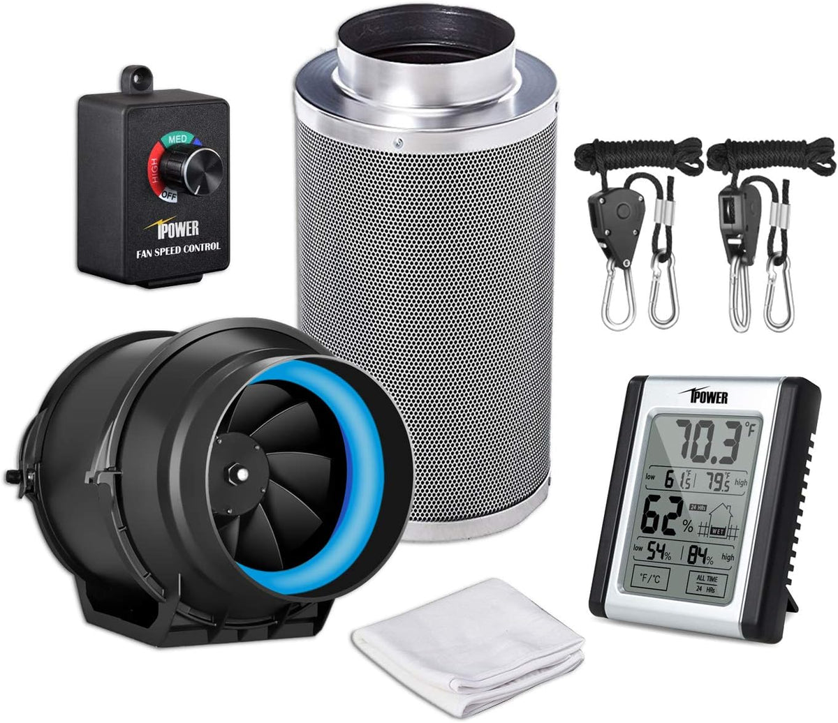 8 Inch 500 CFM Inline Carbon Filter with Fan Speed Controller and Temperature Humidity Monitor S72172
