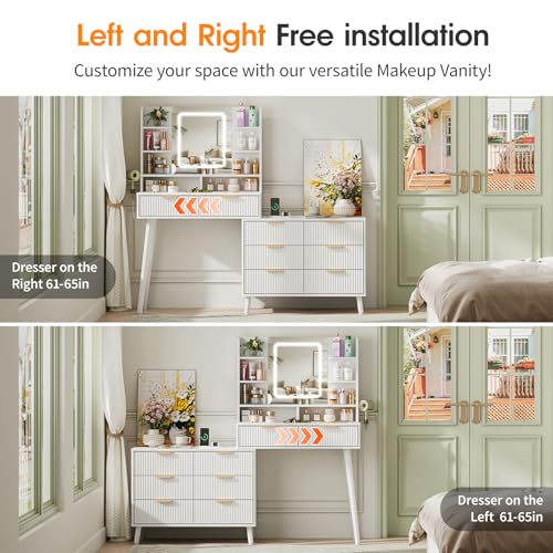 White L Shape Vanity Desk with Mirror and Lights, 8 Drawers & Shelves R471491