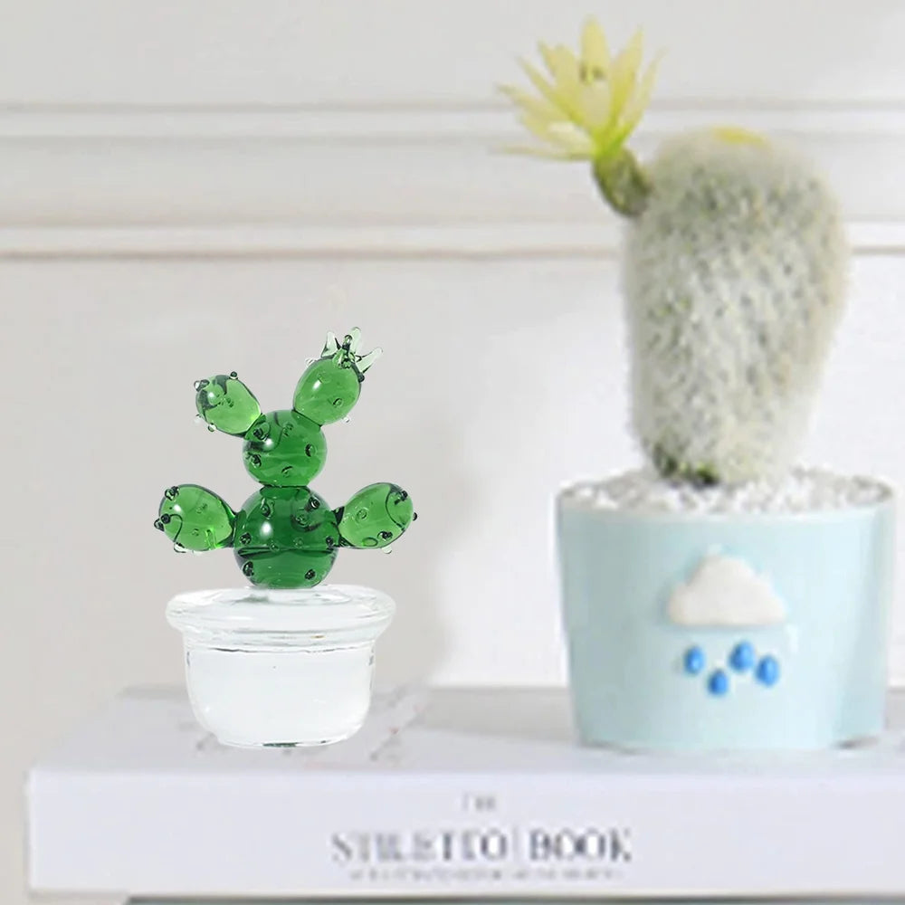 Handmade Blown Glass Cactus Figurines Desk Decorations F9355