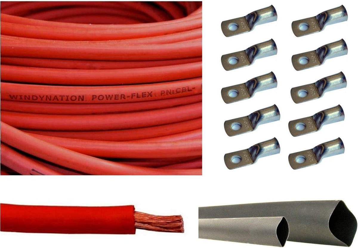 1/0 AWG 10 Feet Black Pure Copper Flexible Cable with Copper Cable Lug Terminal Connectors and Heat Shrink Tubing O202