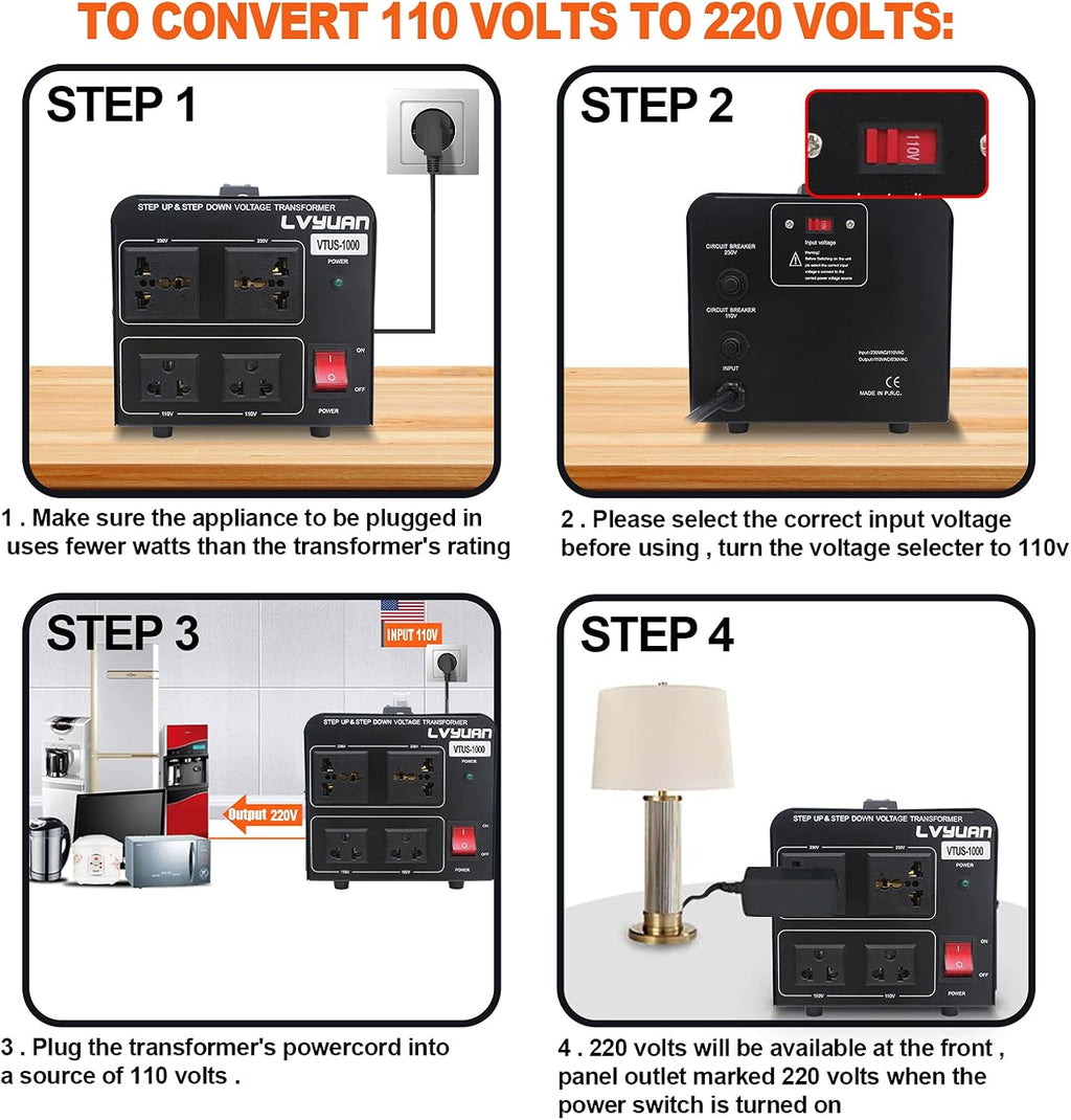 Voltage Transformer Converter 1000 Watt Step Up/Down 110-120 Volt to 220-240 Volt with 2 US outlets, 2 Universal outlets, Circuit Breaker Pack of 2 Q271645