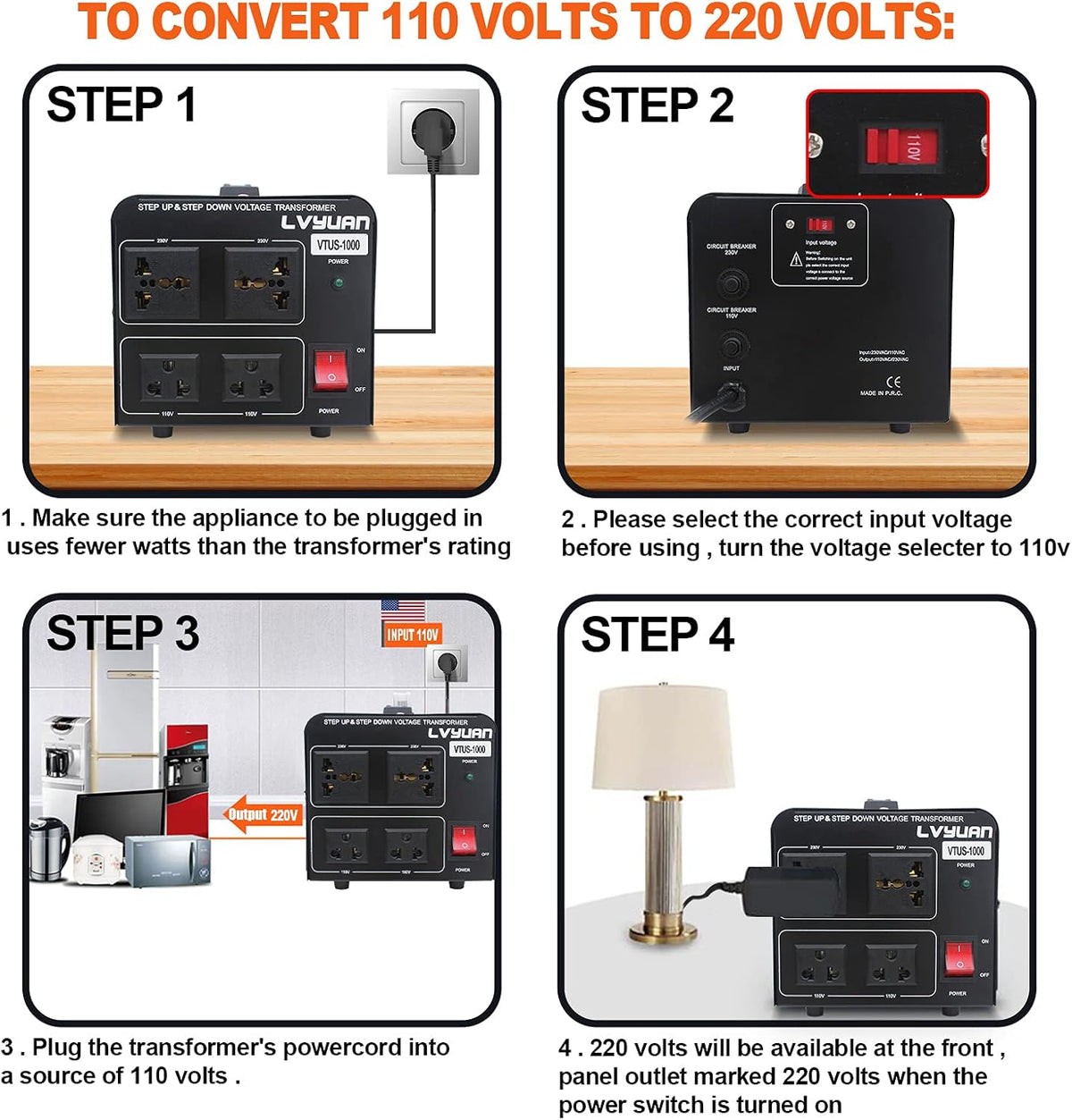 Voltage Transformer Converter 1000 Watt Step Up/Down 110-120 Volt to 220-240 Volt with 2 US outlets, 2 Universal outlets, Circuit Breaker Pack of 2 Q271645