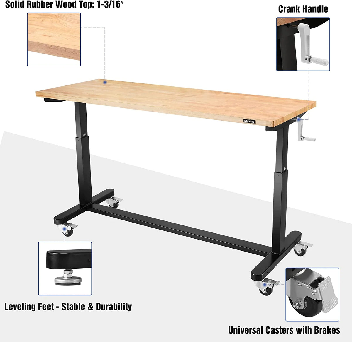 60" x 24" Rubber Wood Top Height Adjustable Work Table with Crank Handle and Casters N9077