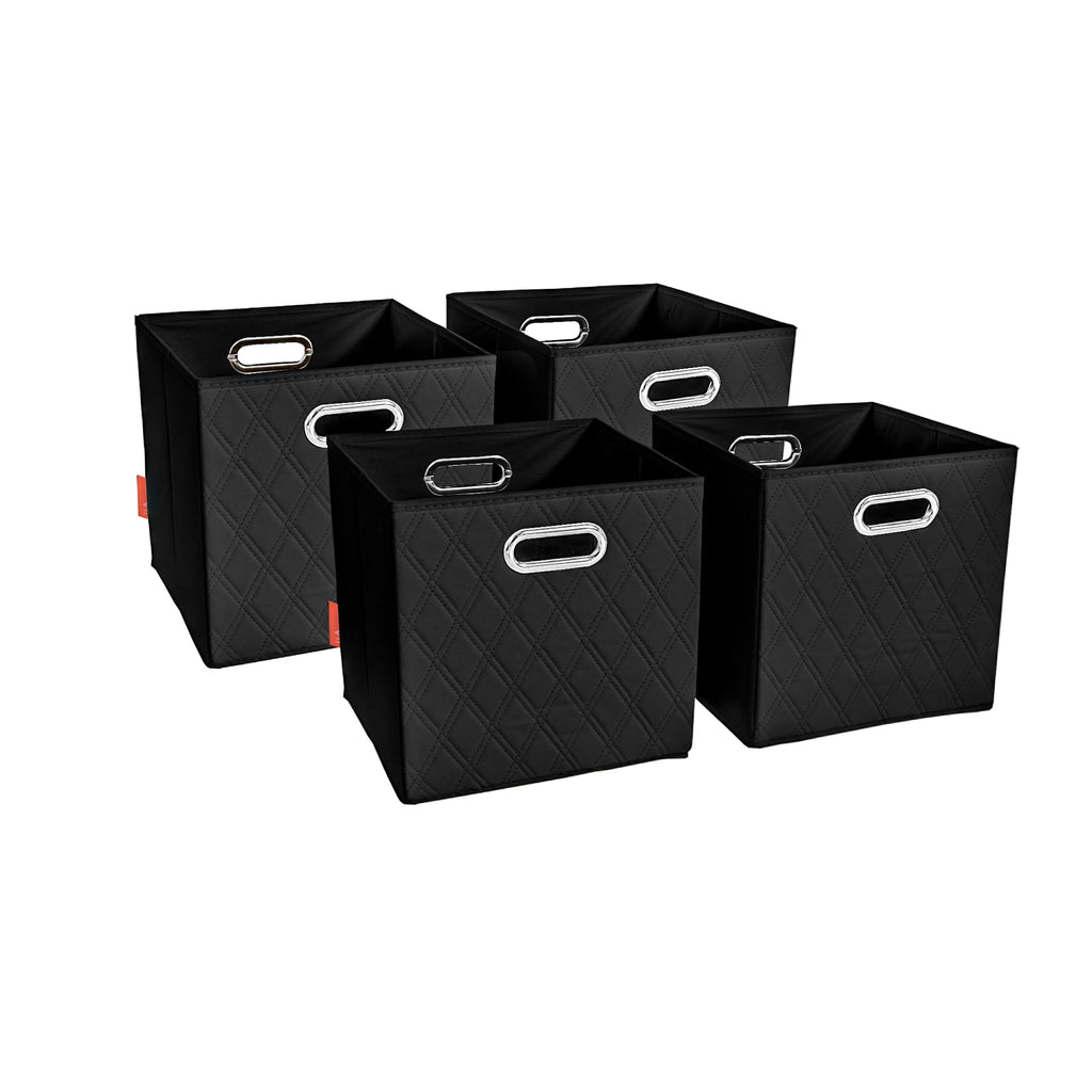Small 11-inch Black Foldable Faux Leather Storage Cube Bins Set of Four with Handles Q96313