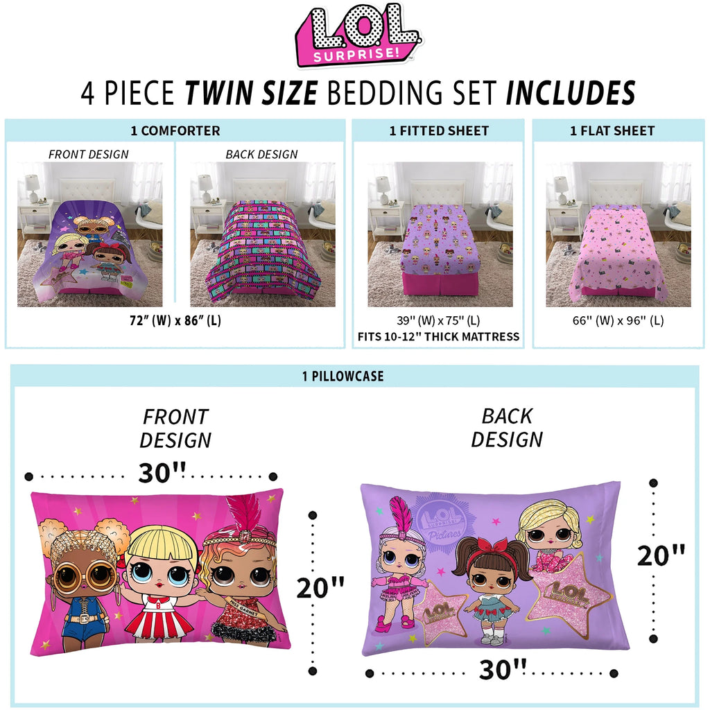 Kids Twin Bed in a Bag, Comforter and Sheets, Purple and Pink A53177