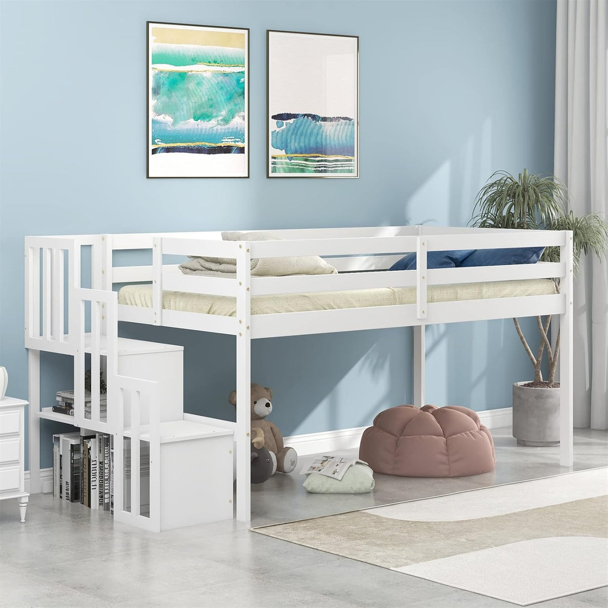 Twin Wooden Loft Bed with Slide, Cabinet Drawers and Book Shelves W223