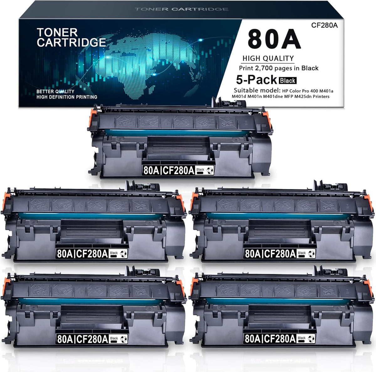 (5 Pack, Black) Compatible Toner Cartridge 80A M52186