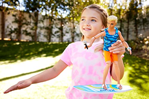 Poseable Blonde Ken Beach Doll with Surfboard and Pet Puppy H166