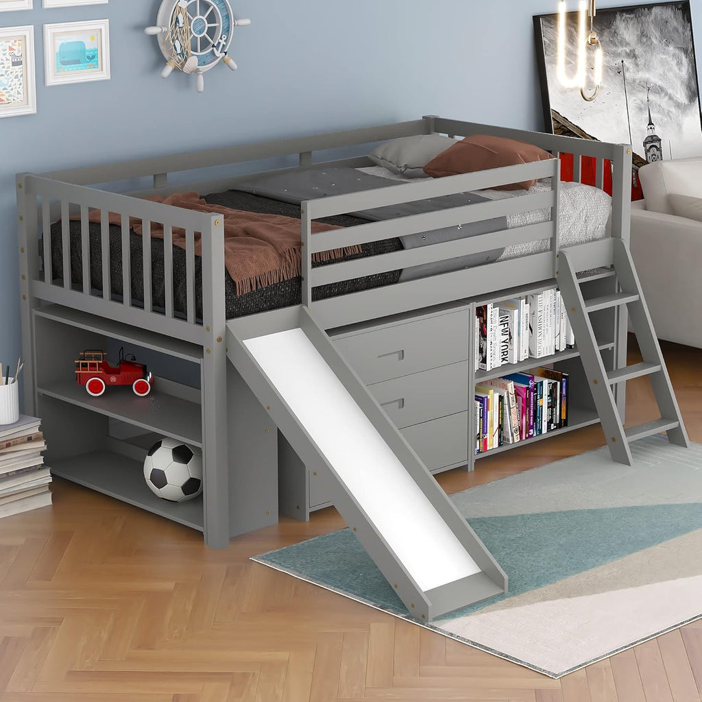 Twin Low Loft Bed with Desk and Cabinet Wooden Bed Frame X9988