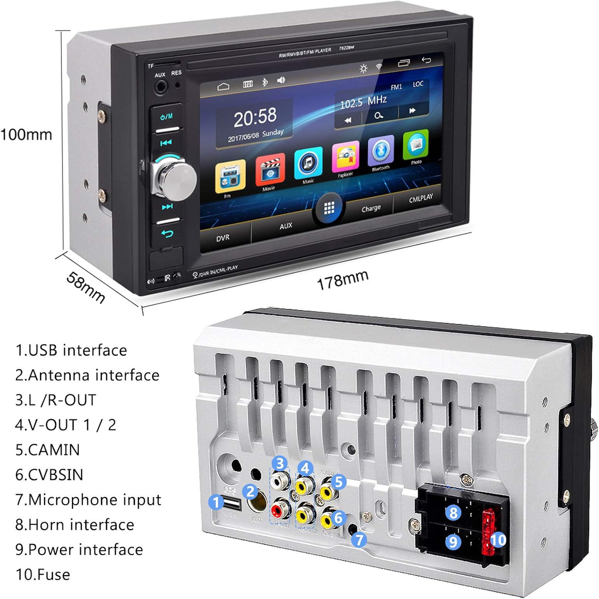 6.2 Inch Double Din Car Multimedia Player with Bluetooth, USB, SD, FM Radio Receiver, Backup Camera Pack of 2 I65880