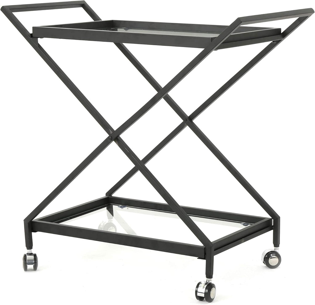 Black Industrial Iron Bar Cart with Tempered Glass Shelves W8750