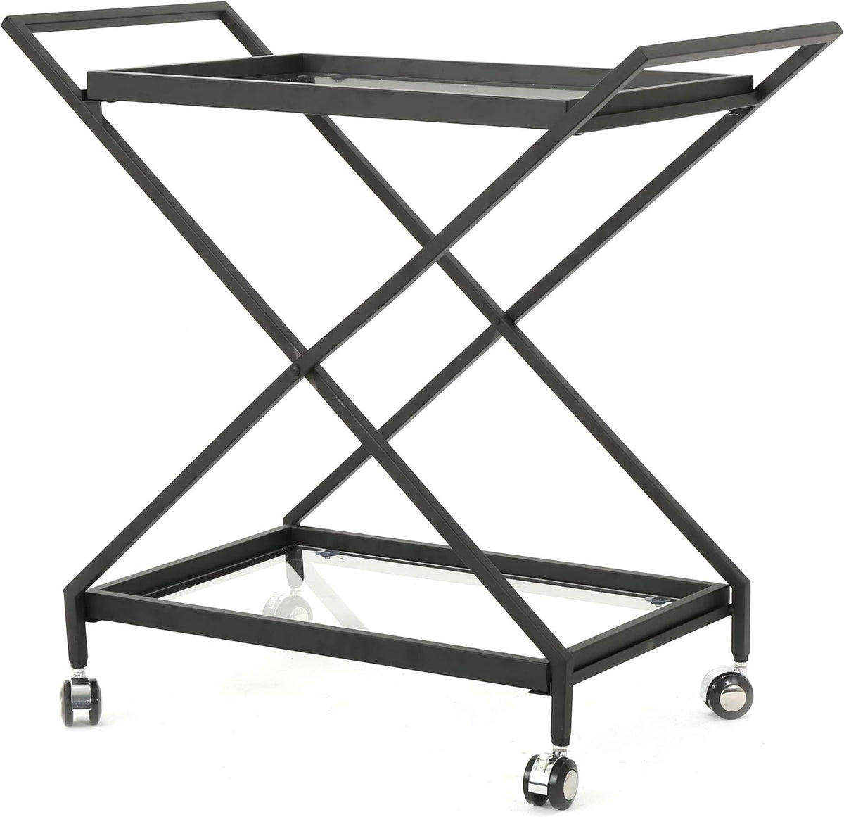 Black Industrial Iron Bar Cart with Tempered Glass Shelves W8750